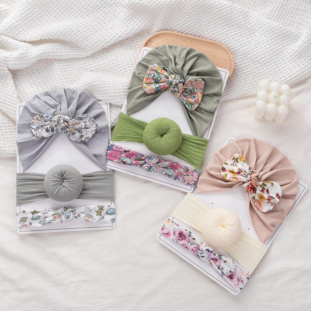 欧美新款新生婴儿帽子发带套装两件套0-12个月宝宝套头帽印度帽详情3