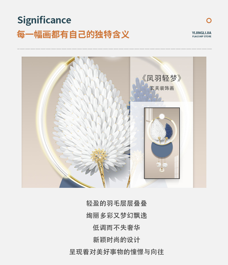 Feather entrance hall decorative painting, modern light luxury living room corridor corridor mural, vertical panel entrance background wall hanging painting pic 6