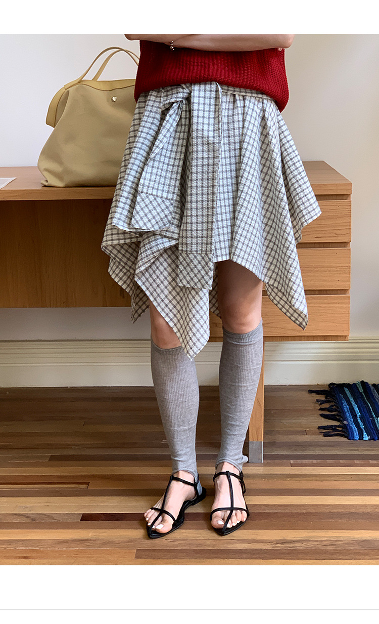 时髦不规则解构拼接格纹半身裙女夏季2025新款衬衫式绑带a字短裙详情3