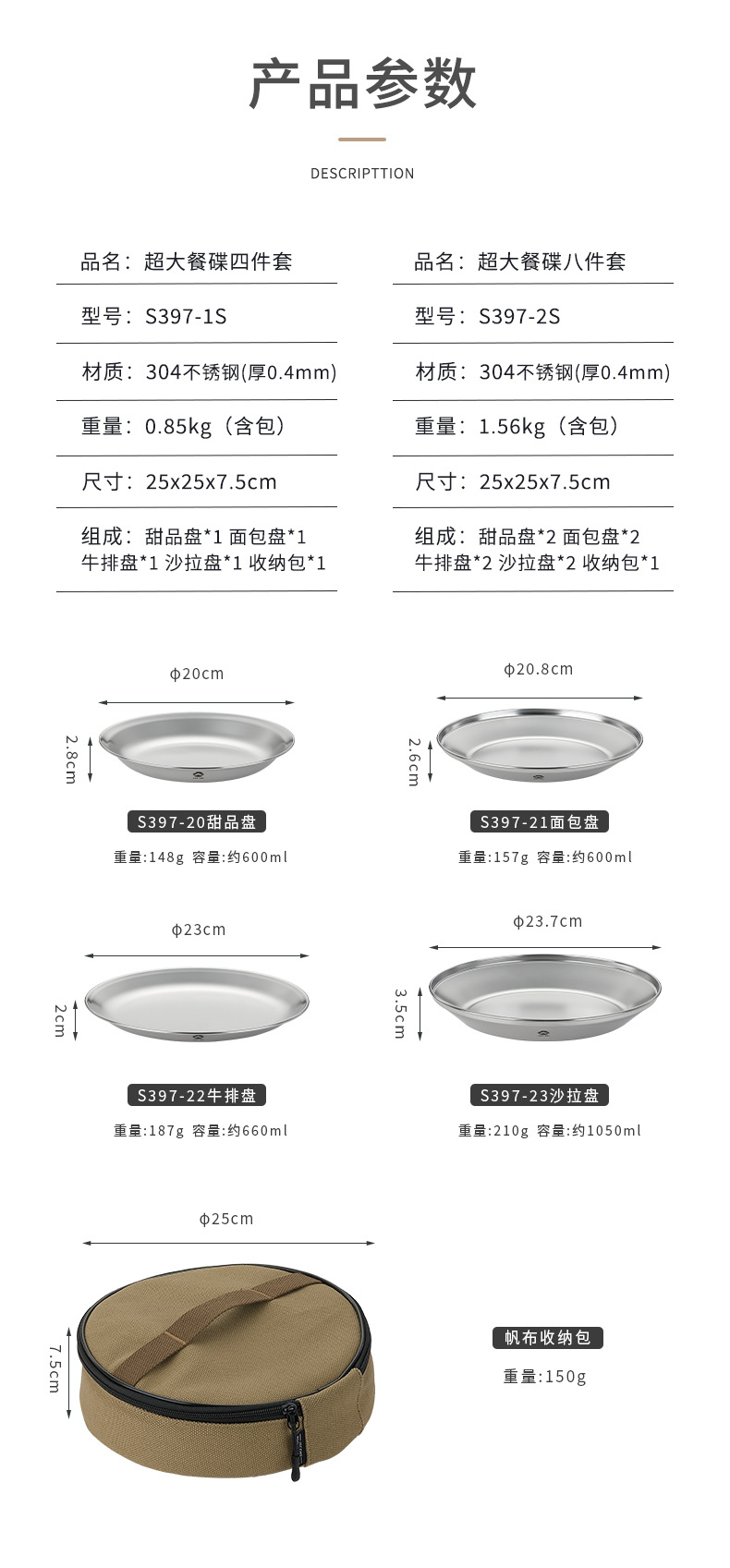 柯曼S397不锈钢简约水果盘露营餐具便携配收纳包户外野炊餐碟套装详情3