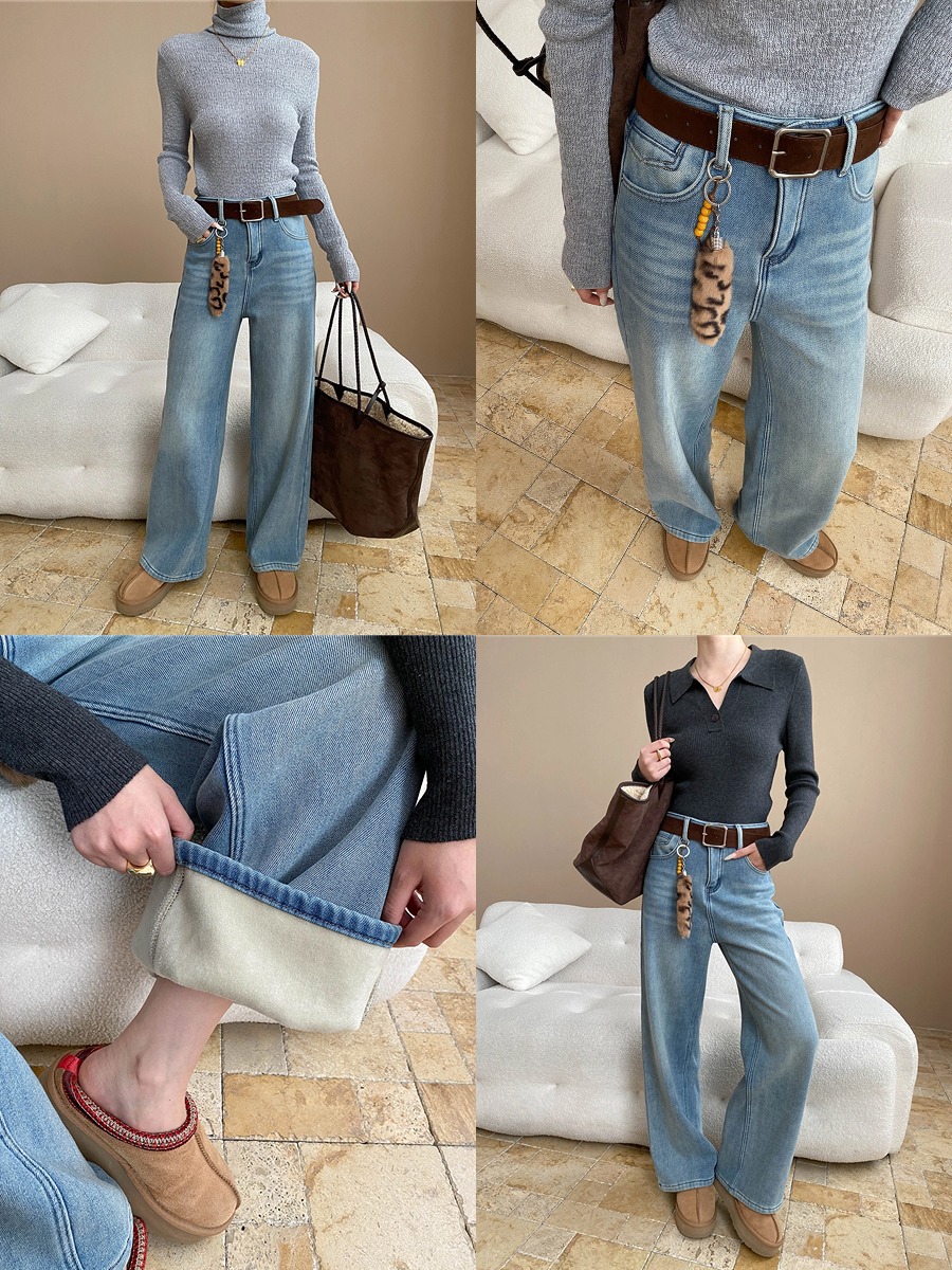 司南修腿型天菜含腰带挂件水洗浅蓝窄版直筒加绒牛仔裤SN8358详情16