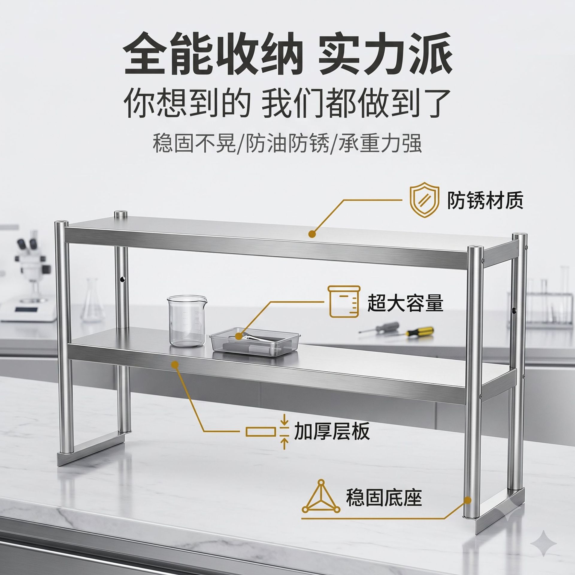 不锈钢双层置物架钢制床上小桌子超市货架电视机支架洞洞板详情3