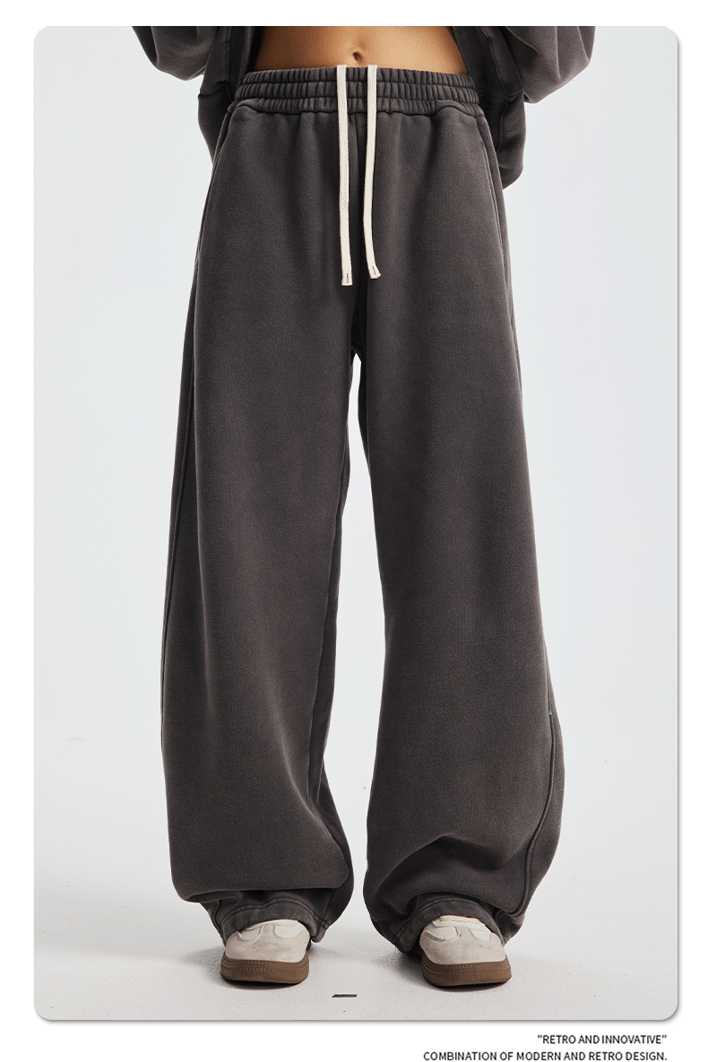 2025秋冬新款加绒加厚炒雪花男休闲裤 洗水做旧弯刀阔腿男女长裤详情15