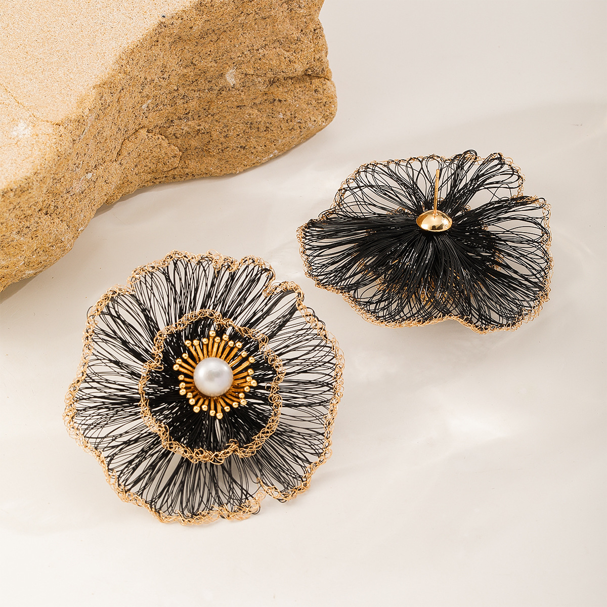 铜丝手工勾丝山茶花耳环项链套装轻奢高级感镶嵌珍珠耳饰套装首饰详情10