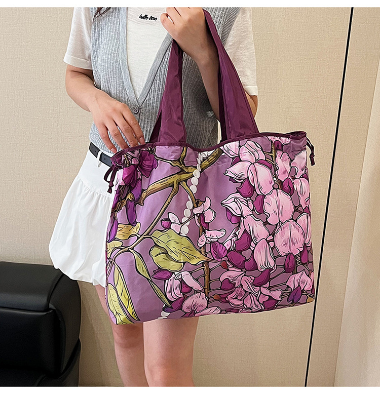 大容量花朵印花单肩包防水购物袋尼龙外出托特包时尚复古手提包详情20