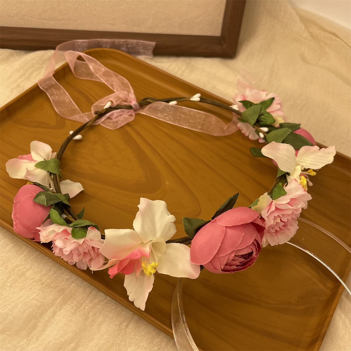 Realistic garland headwear, fabric rose flower bride garland, forest-themed super fairy vacation photography, hair accessory pic 28