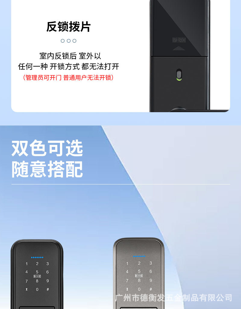 Black fingerprint smart lock with digital keyboard, circular sensing ring and door handle pic 18