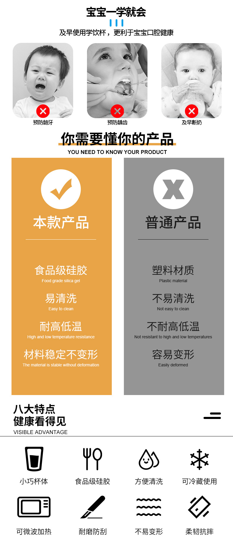 儿童食品级硅胶水杯防摔学饮杯宝宝防漏不变形喂养训练硅胶直饮杯详情8