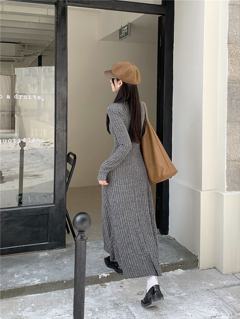 Retro, simple and versatile knitted long-sleeved dress for women, spring waist-cinching and slimming A-line dress, new autumn and winter base long dress pic 38