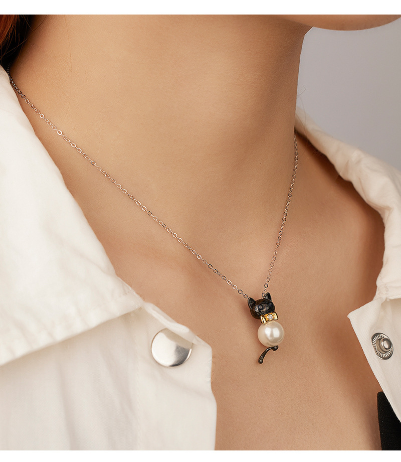 S925 sterling silver Little Cat pendant, a niche design for women with a sense of high-end color contrast pendant, DIY accessory, silver empty stand pic 7