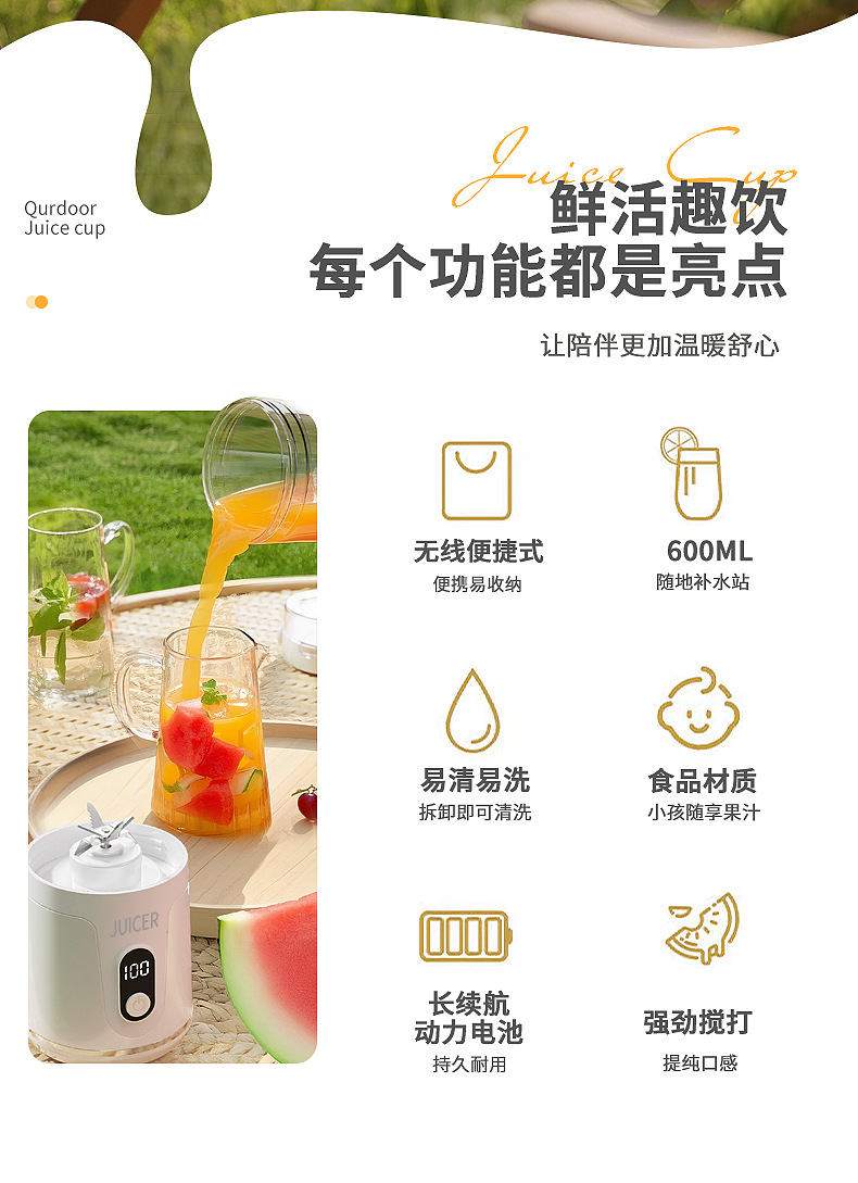 新款无线便携式家用果汁机亚马逊爆款榨汁杯USB充电款小型榨汁机详情2