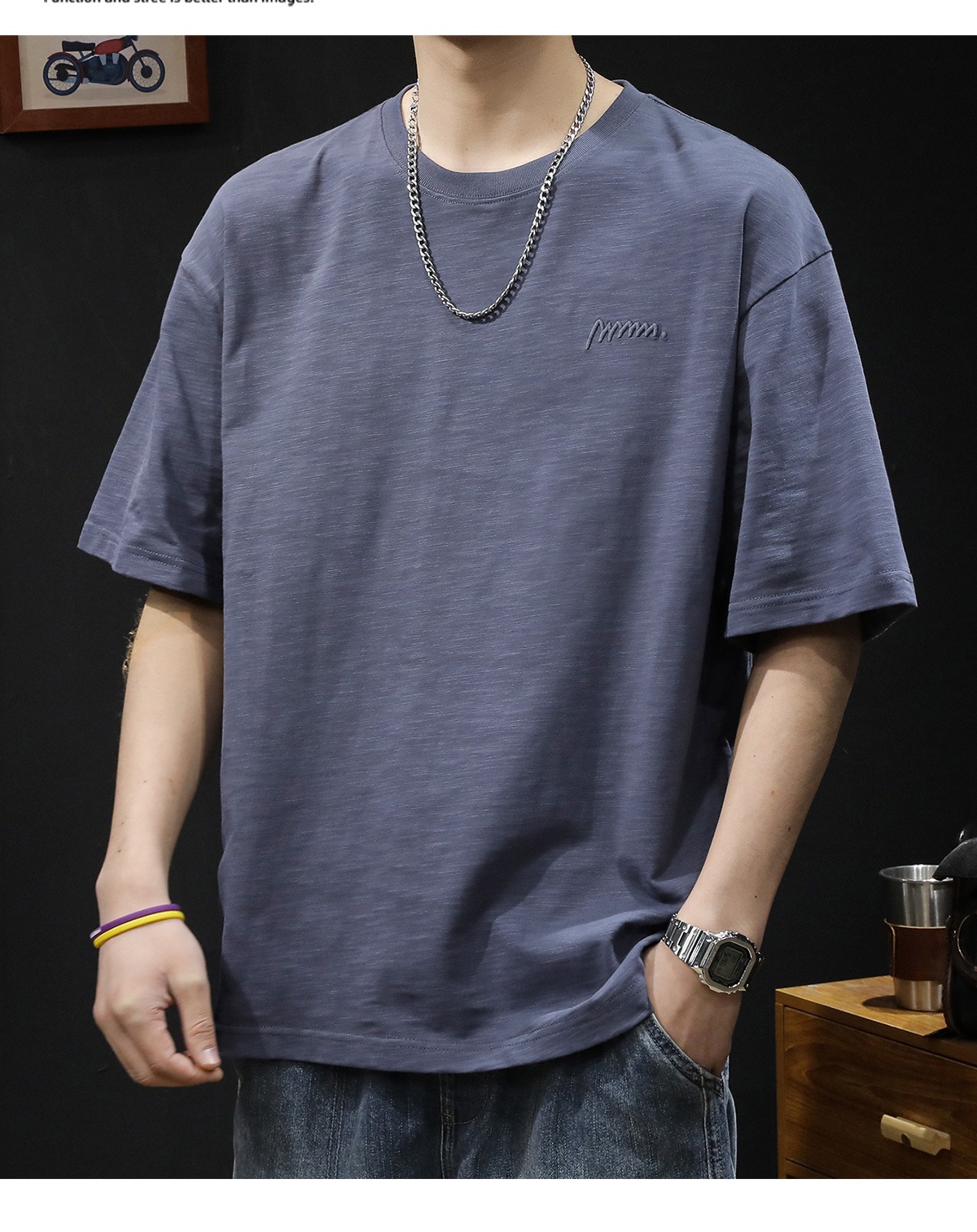 竹节纯棉短袖t恤男士夏季衣服2025新款半袖大码潮牌刺绣休闲体恤详情9