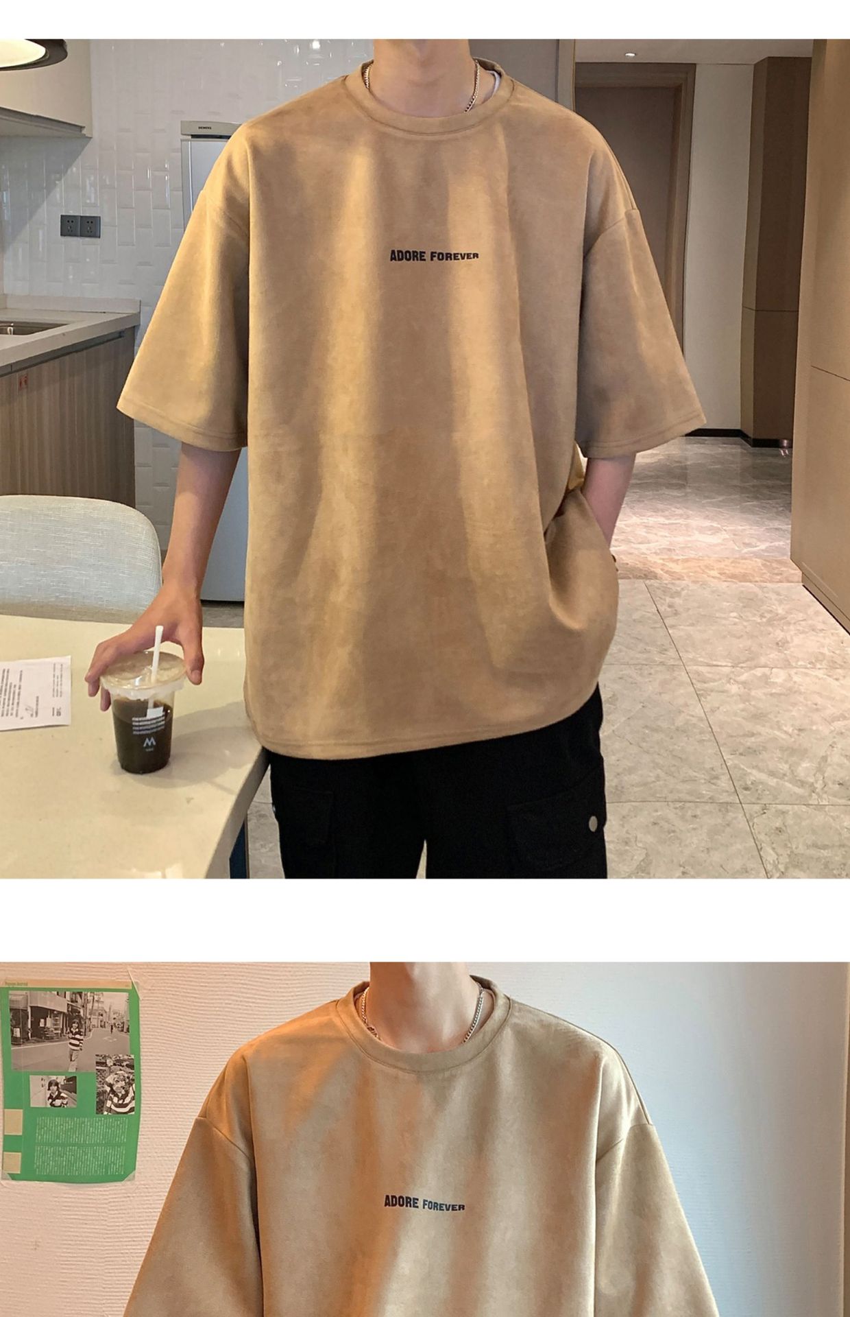 Avocado Green 320g heavyweight T-shirt for men, American retro suede short-sleeved, oversized small collar, three-quarter sleeve pic 45