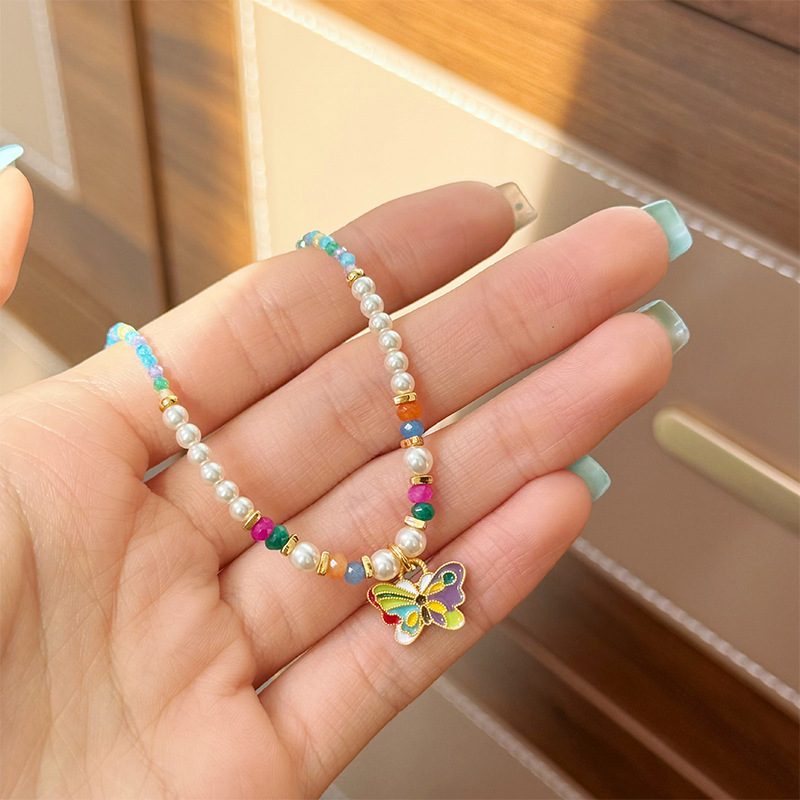 春夏新款多巴胺彩色滴油蝴蝶锆石珠项链轻奢小众百搭串珠锁骨链女详情4