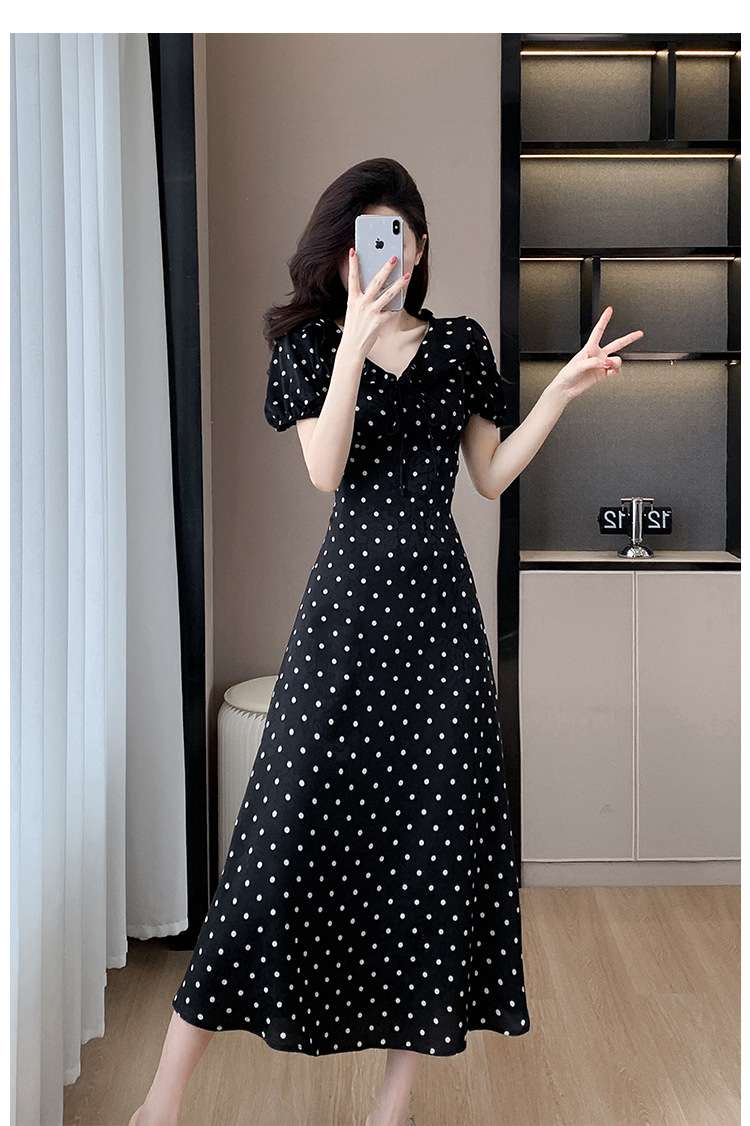 High-quality summer Korean-style sweet and slimming dress with lotus leaf collar, waist-cinching tie, puffed sleeves and jacquard polka dot pic 23