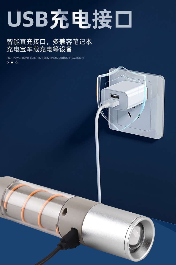 跨境新品LED红兰光白激光 Type-C充电伸缩变焦远射 强光手电筒详情12