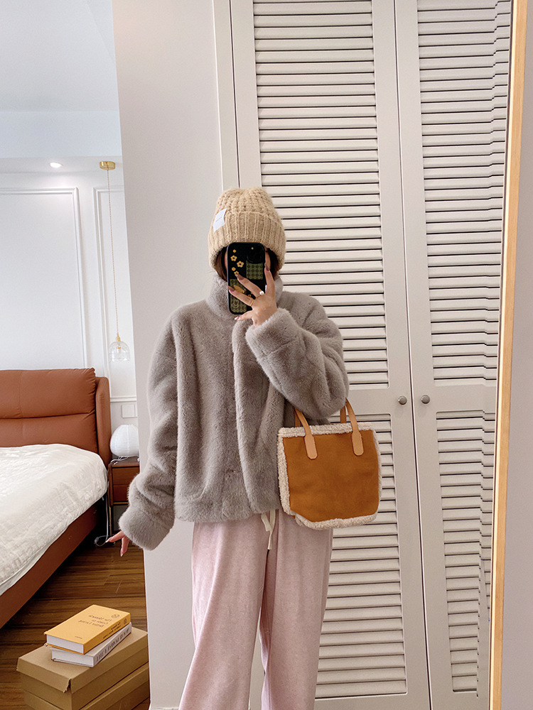 欧貂绒皮毛一体短款立领仿水貂毛外套环保皮草女秋冬新品通勤风详情58