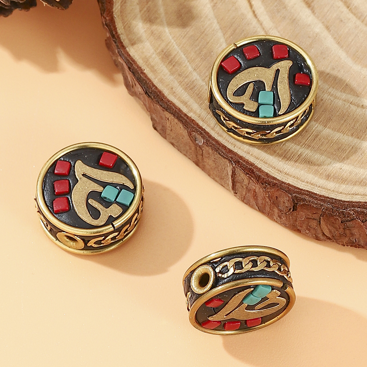 Tibetan retro six-character mantra back cloud bead DIY bracelet accessory, brass inlaid with red and green Nepalese beads pic 1