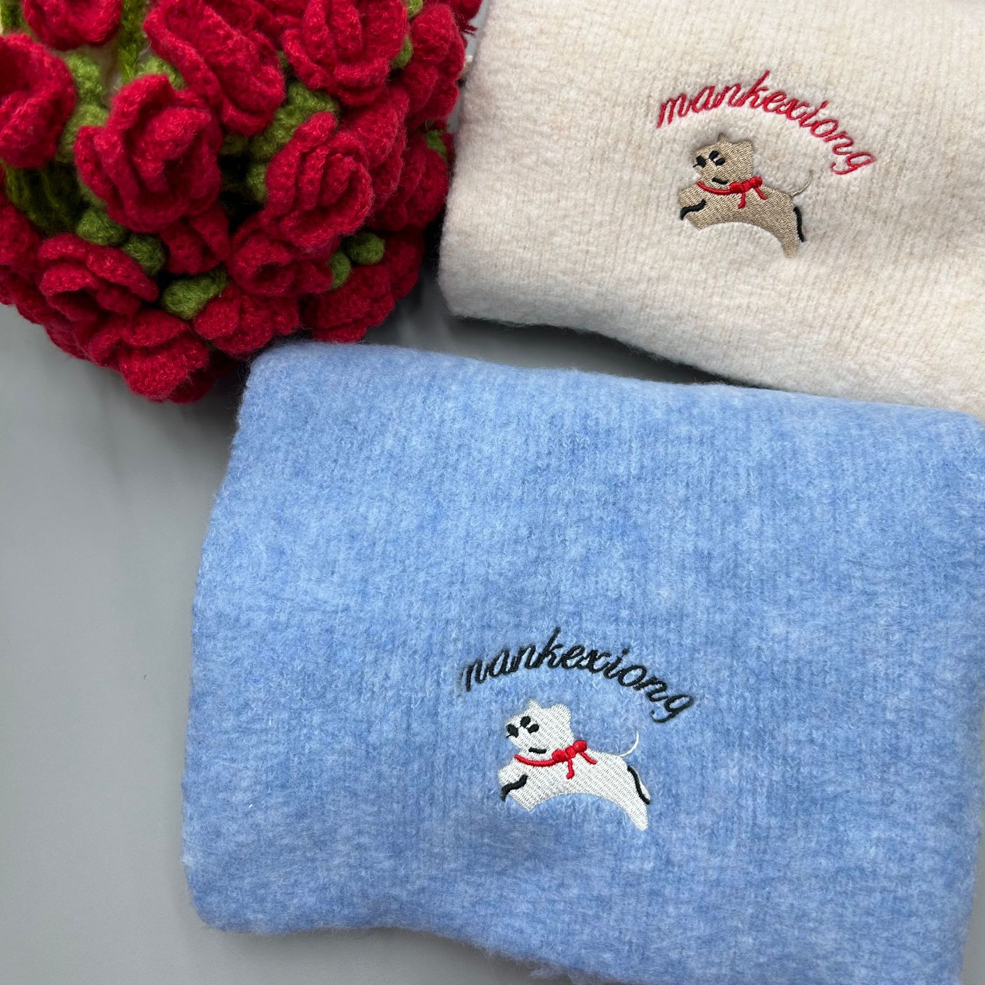 Korean-style cute embroidered puppy scarf for women's winter fashion, versatile and atmospheric cashmere shawl, warm knitted scarf pic 9