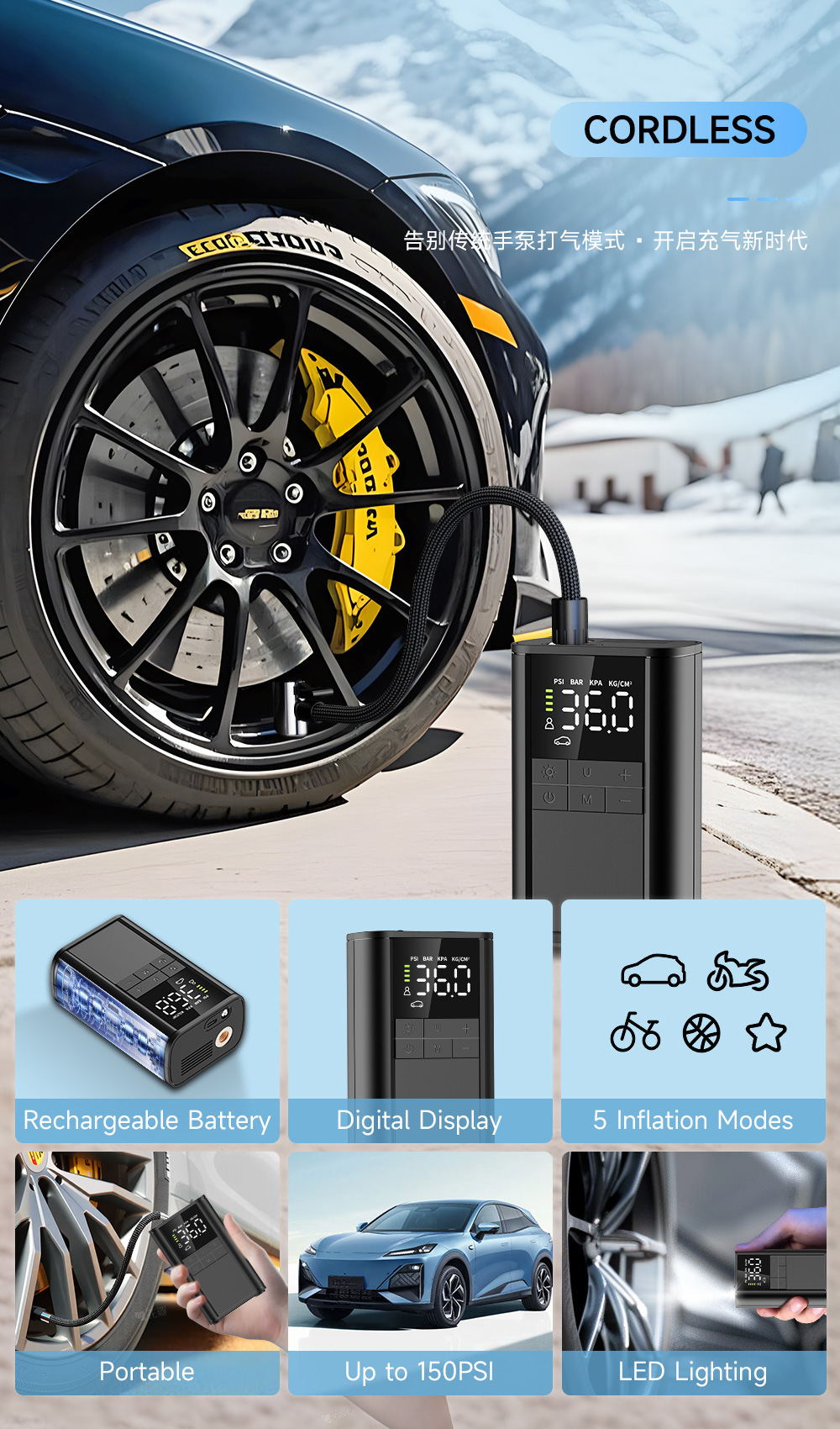 New smart handheld car tire air pump, electric high-pressure air pump, portable wireless car air pump pic 3