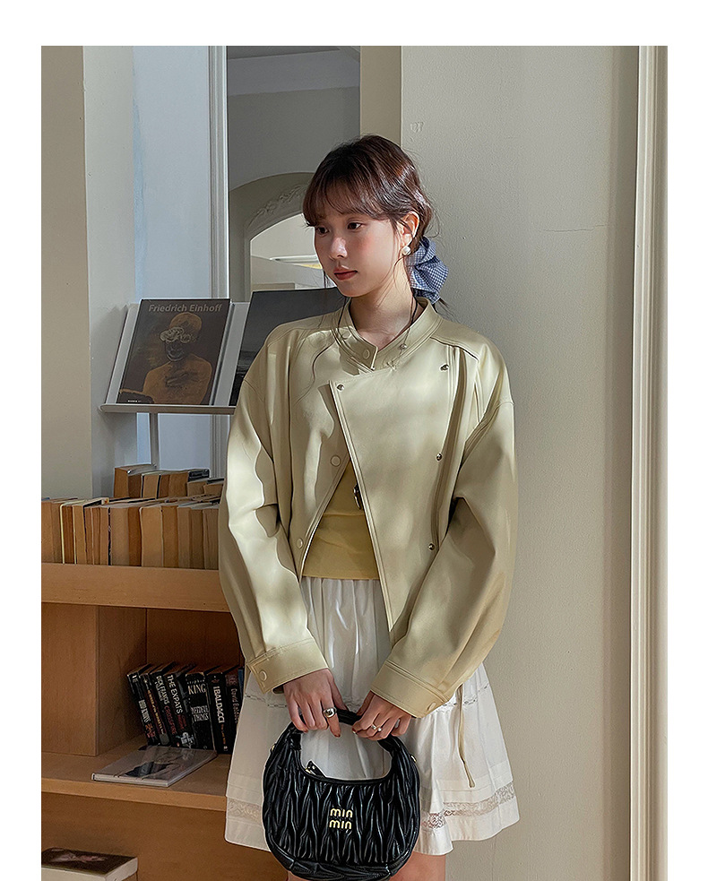 【歌铭】韩系通勤立领皮衣夹克女春季新款复古机车服短外套W733B详情37