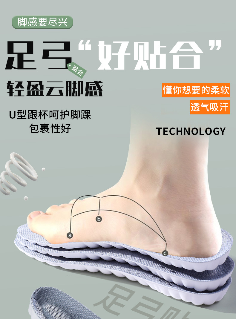 4D运动鞋垫男生女士PU足弓全垫防臭吸汗透气高弹减震休闲军训鞋垫详情6