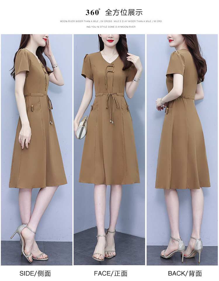 新中式V领连衣裙女2024夏季新款气质中长款收腰显瘦中年妈妈裙子详情6
