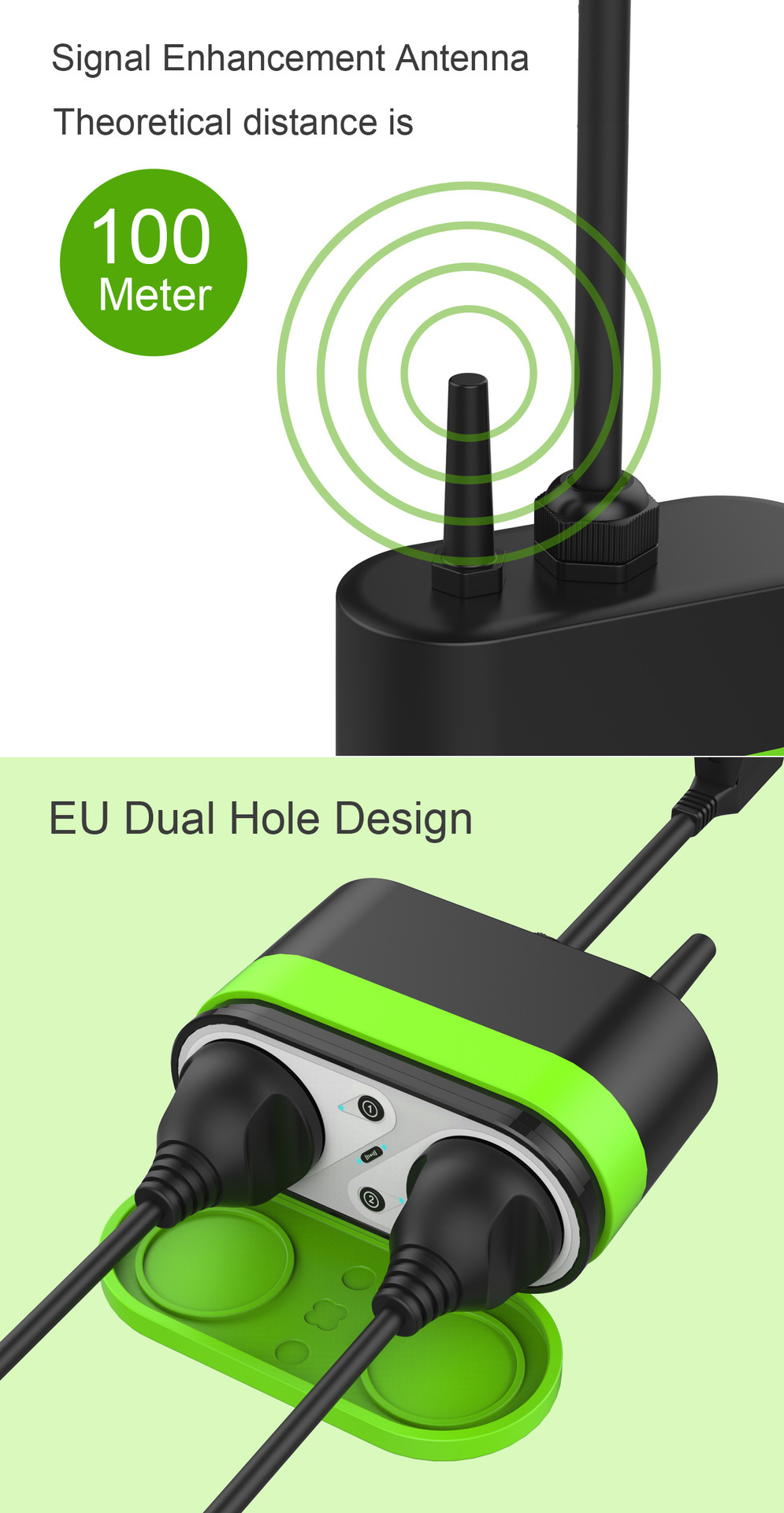 Green shell EU outdoor smart dual-plug socket with USB charging port pic 2