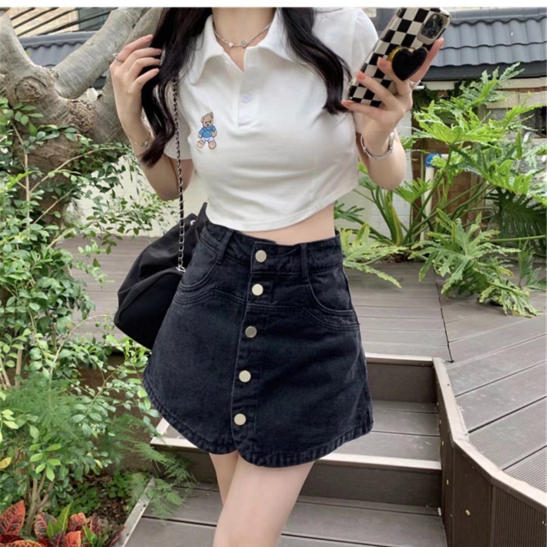 大码胖mm假两件裤裙显瘦半身短裤裙女夏季高腰牛仔短裙黑色a字裙详情5