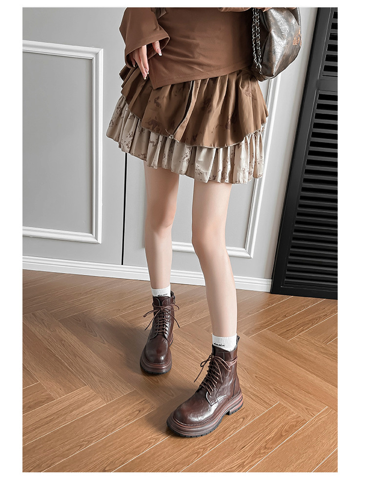 英伦复古系带厚底马丁靴秋冬季单靴精致手抓纹粗跟短靴女机车靴子详情29