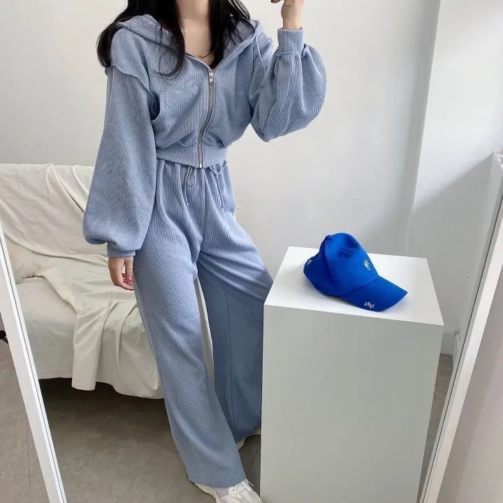 春秋季薄款时尚套装休闲宽松直筒裤女套装宽松显瘦拉链连帽两件套详情8