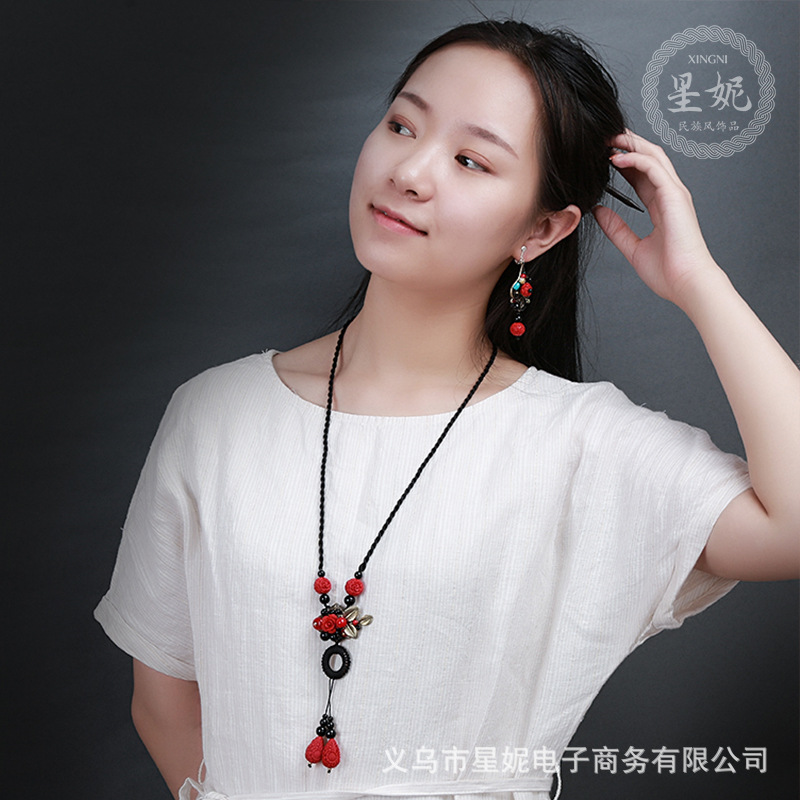Retro ethnic style, new court-style earrings, alloy cinnabar Hanfu accessories, round face earrings, necklace pic 10