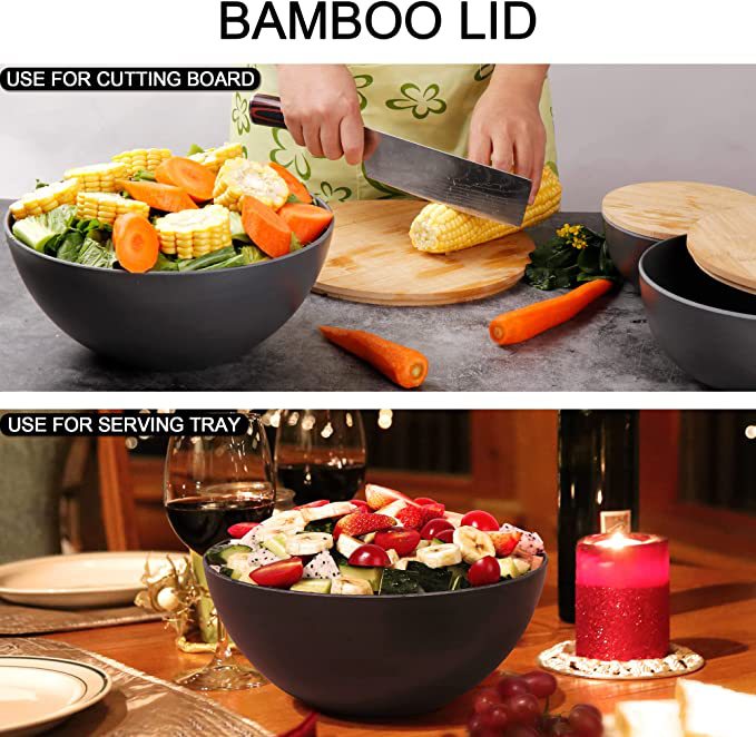 Three sets of bamboo fiber salad bowls, large, medium and small, with bamboo LIDS for fruit and vegetable salad snacks pic 18