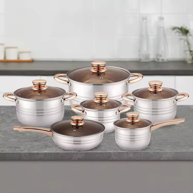 Hot-selling 12-piece stainless steel cookware set, thickened double-bottom soup pot, flat pan, cross-border export pot set pic 8