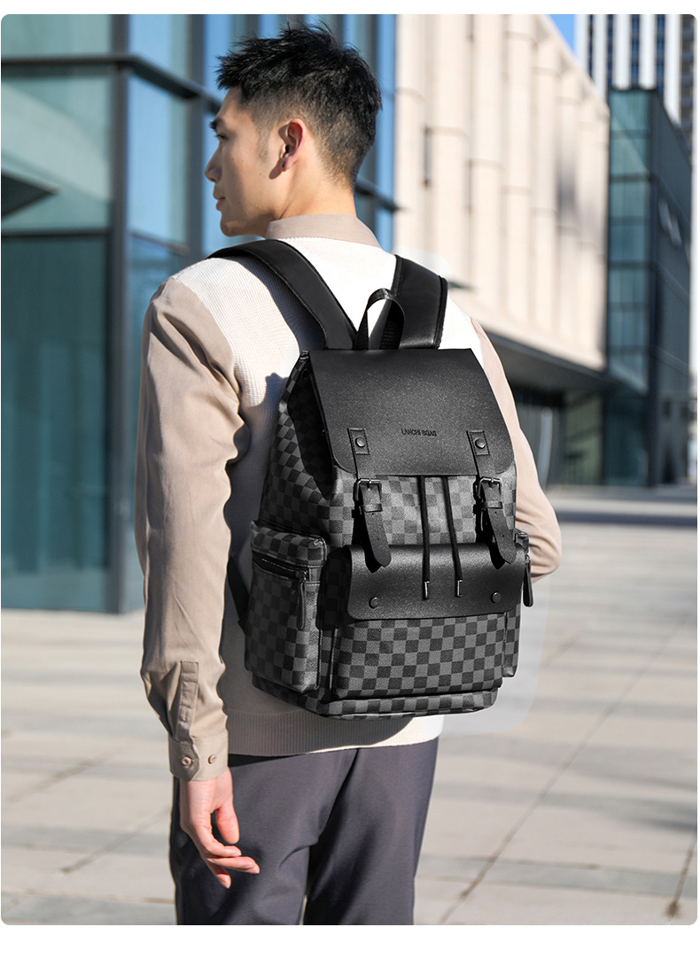 双肩包男士格子通勤休闲上班族背包大容量商务旅行出差工作电脑包详情19