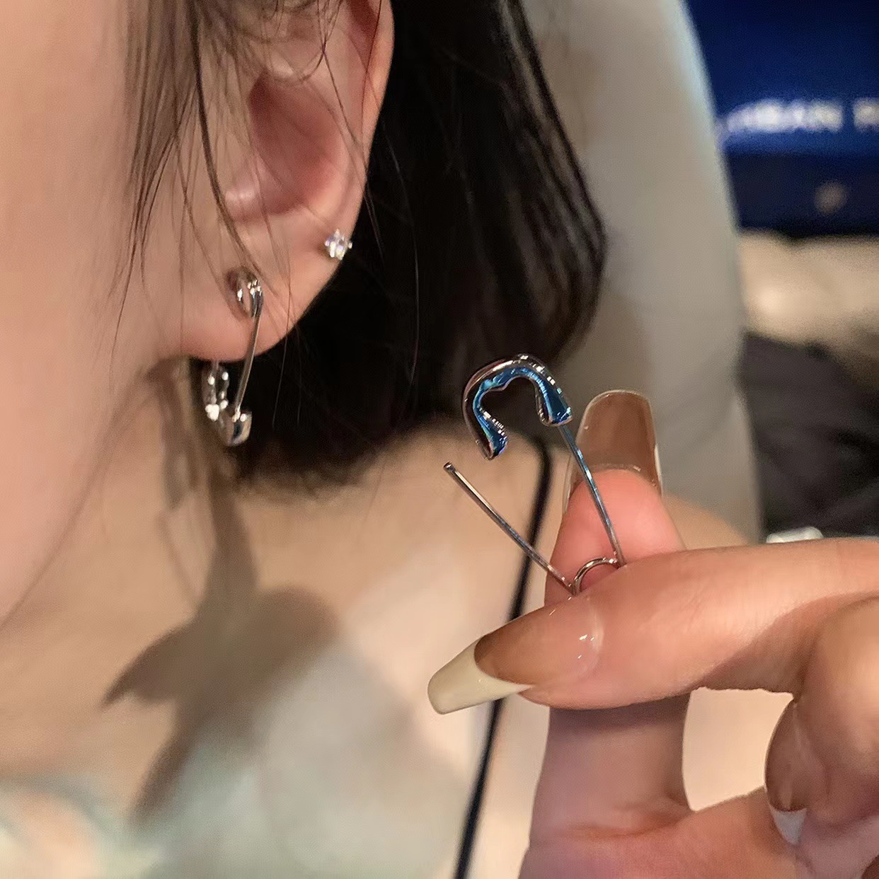 s925 silver mini pins for both men and women, creating a sweet and cool earring effect with a paperclip stud that pierces through the ears pic 4