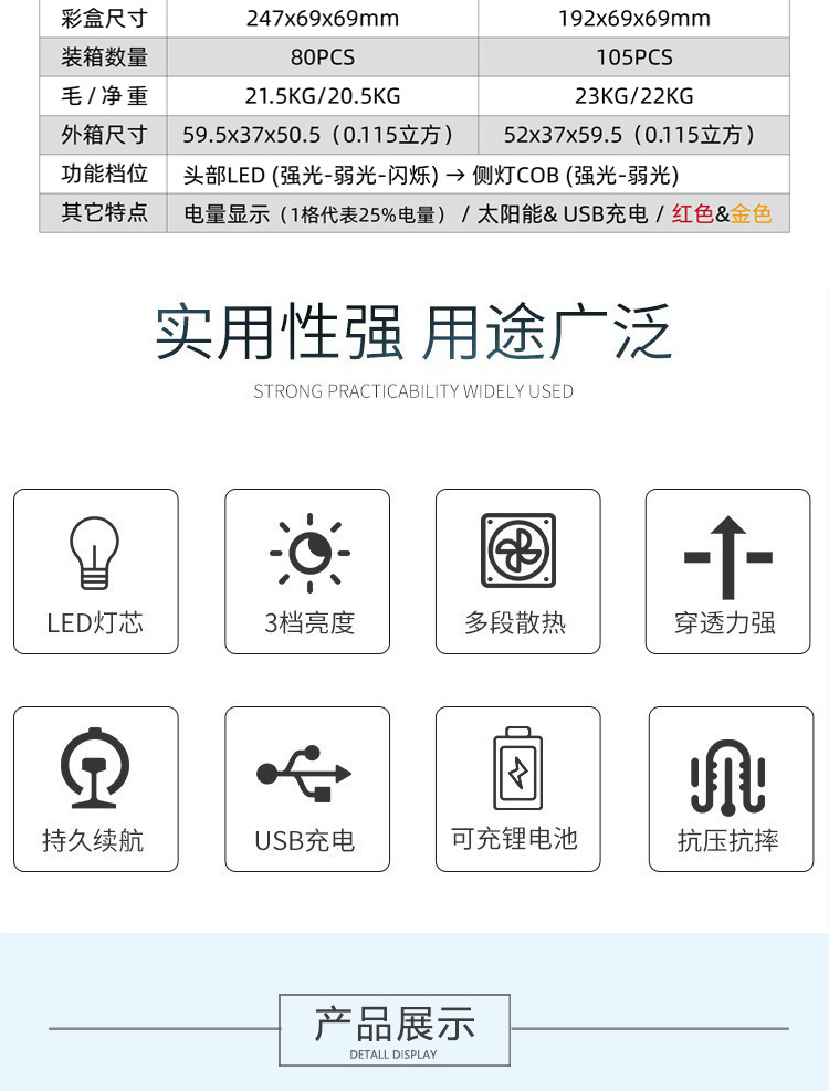 New ABS multi-functional COB outdoor household emergency light, side light, searchlight, high-intensity solar rechargeable flashlight pic 2