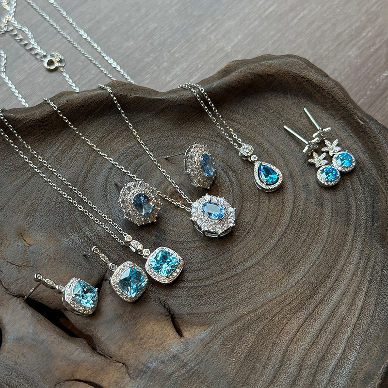 Blue necklace stud earrings collection, all-silver necklace, exquisite and elegant commuting collarbone chain, s925 silver versatile jewelry pic 5