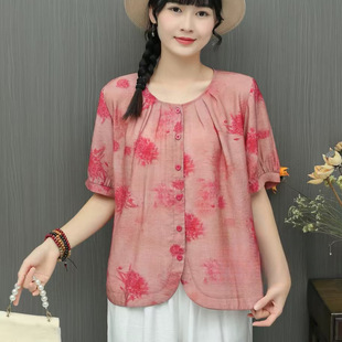 2025 Summer New Style artistic printed cotton and linen shirt, retro loose large size round-neck pullover, elegant T-shirt for women pic 9