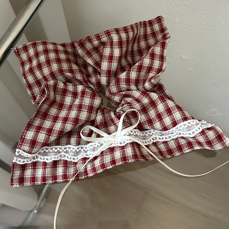 法式丝带蝴蝶结方巾发绳复古蕾丝格子头绳气质发饰女发圈皮筋装饰品详情8