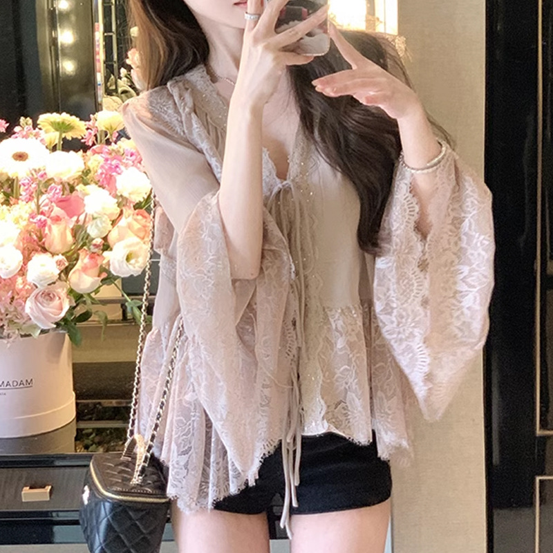 新中式【少女双调】2025新款春装气质雪纺衫小衫长袖蕾丝衬衫女百搭上衣详情9