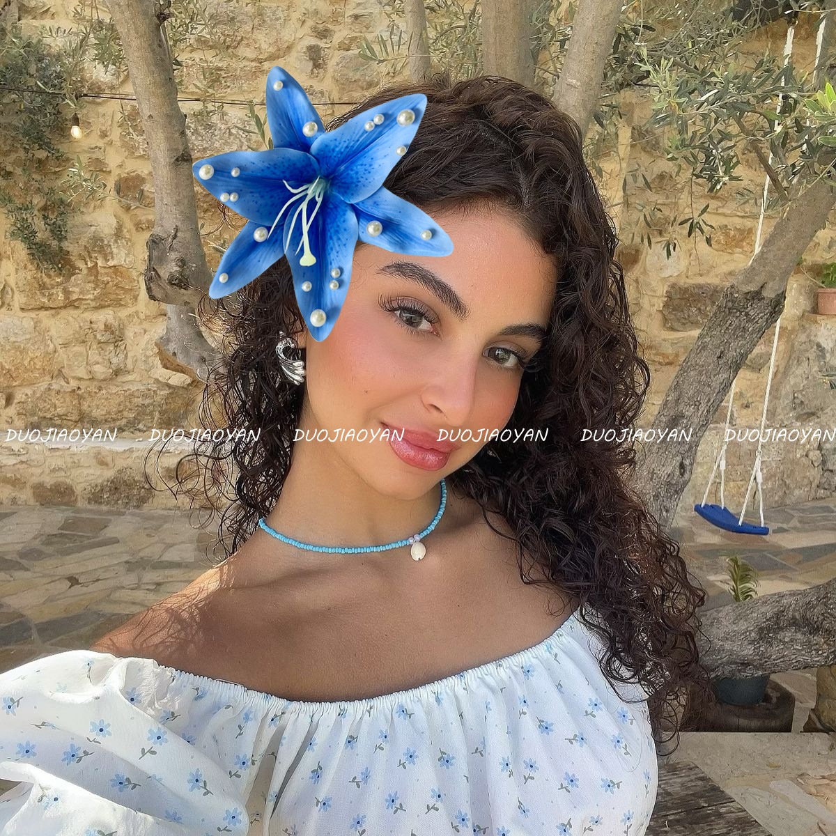 New cross-border lily pearl hairpin with a high-end atmosphere, beaded hair accessory, Hawaiian vacation style duckbill hairpin for women pic 6