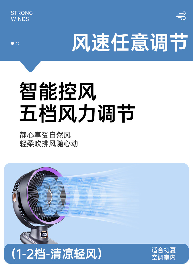 Cross-border new clip fan, night light lighting, mini charging, air circulation, brushless motor, wall-mounted desktop fan pic 12