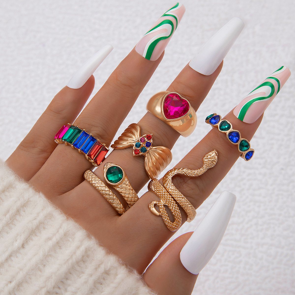 欧美流行饰品戒指手饰 蛇形爱心仿绿宝石镶钻ins风五件套戒指女详情58