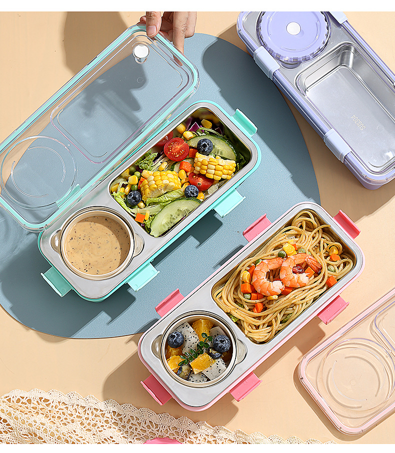 密封带扣轻食304不锈钢餐盒两格带碗可加热上班族便携式便当盒详情15