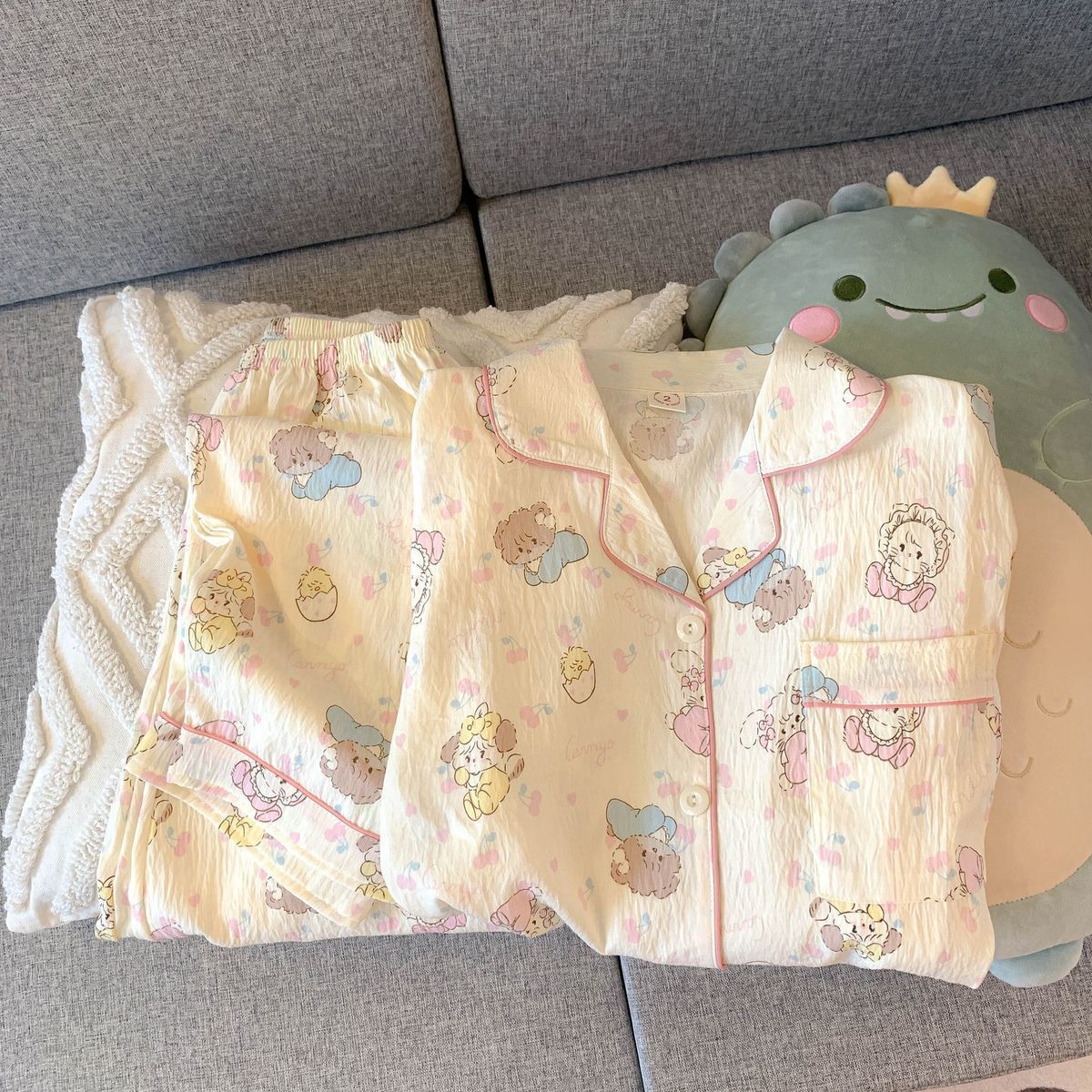 Cute cartoon mikko pajamas for girls in spring and autumn, cloud cotton long-sleeved, sweet student and Internet celebrity home wear set for summer pic 3
