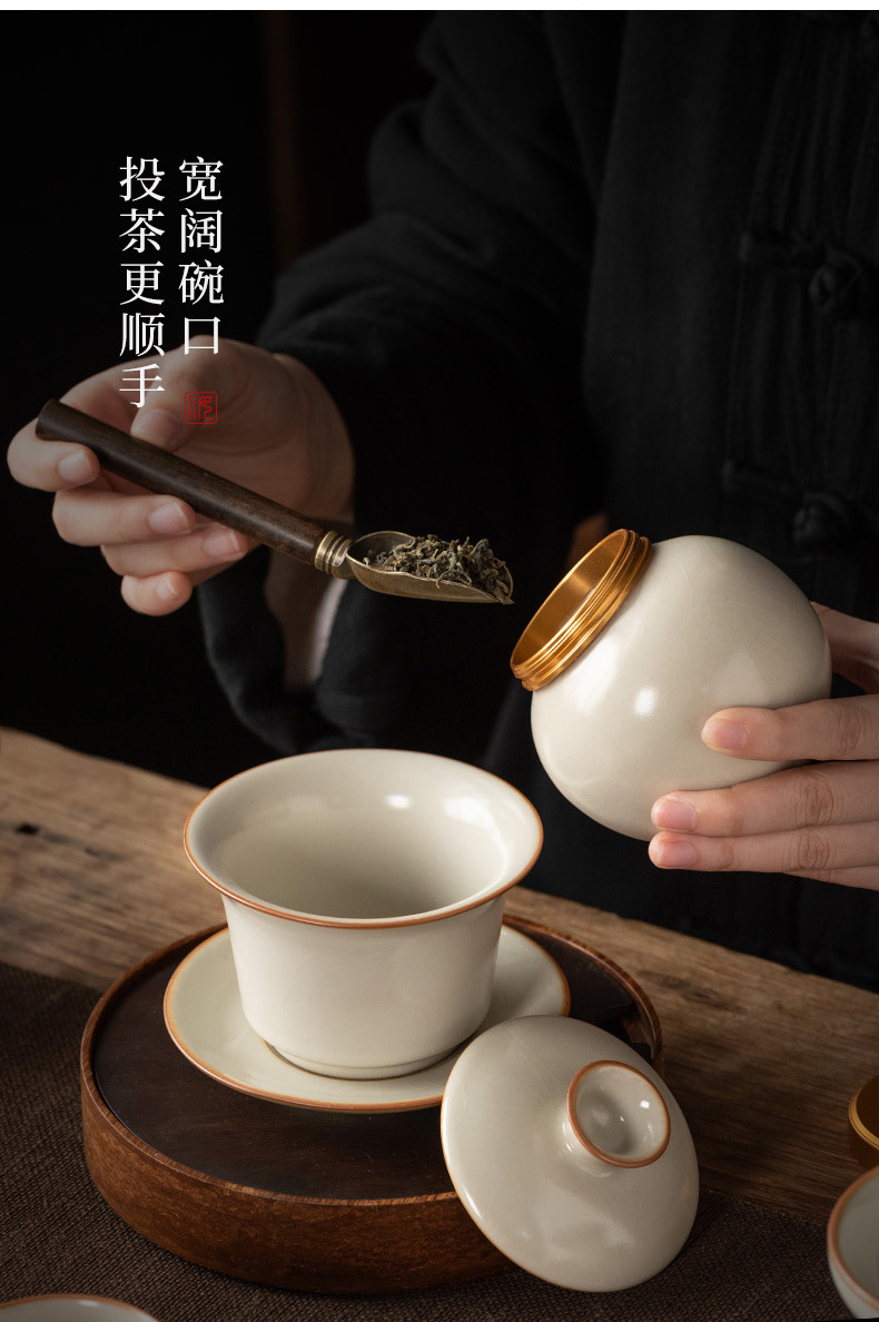 Beige Ru Kiln Kung Fu tea set, Chinese ceramic teapot lid, bowl, tea cup, tea tray, light luxury high-end household wholesale pic 11