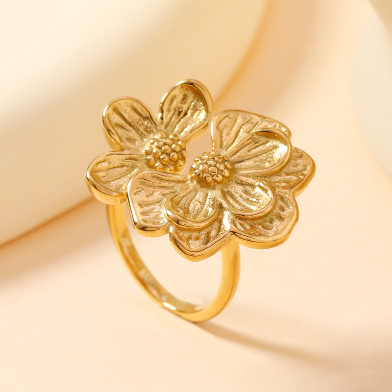 欧美时尚钛钢戒指 法式复古流行油压贝壳 花朵开口戒不锈钢饰品详情17