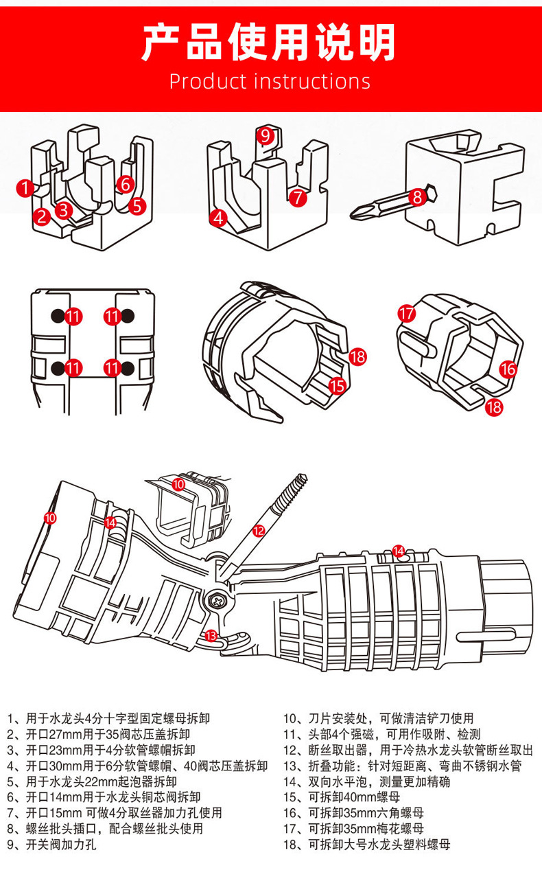 Multi-functional water pipe, bathroom wrench, plumbing installation, household water pipe, faucet, Angle valve, sink repair and disassembly tool pic 35