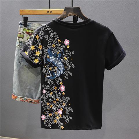 A new summer trend brand of Chinese style, carp, ethnic style, embroidery, personalized, loose short-sleeved T-shirt for men, casual top pic 2